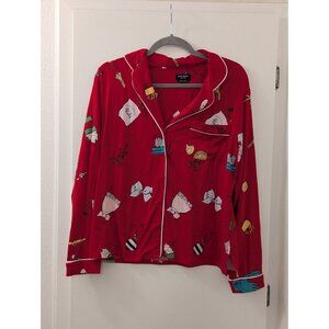 Kate Spade Holiday-Themed Red Button-Up Pajama Top With Festive Print & Piping